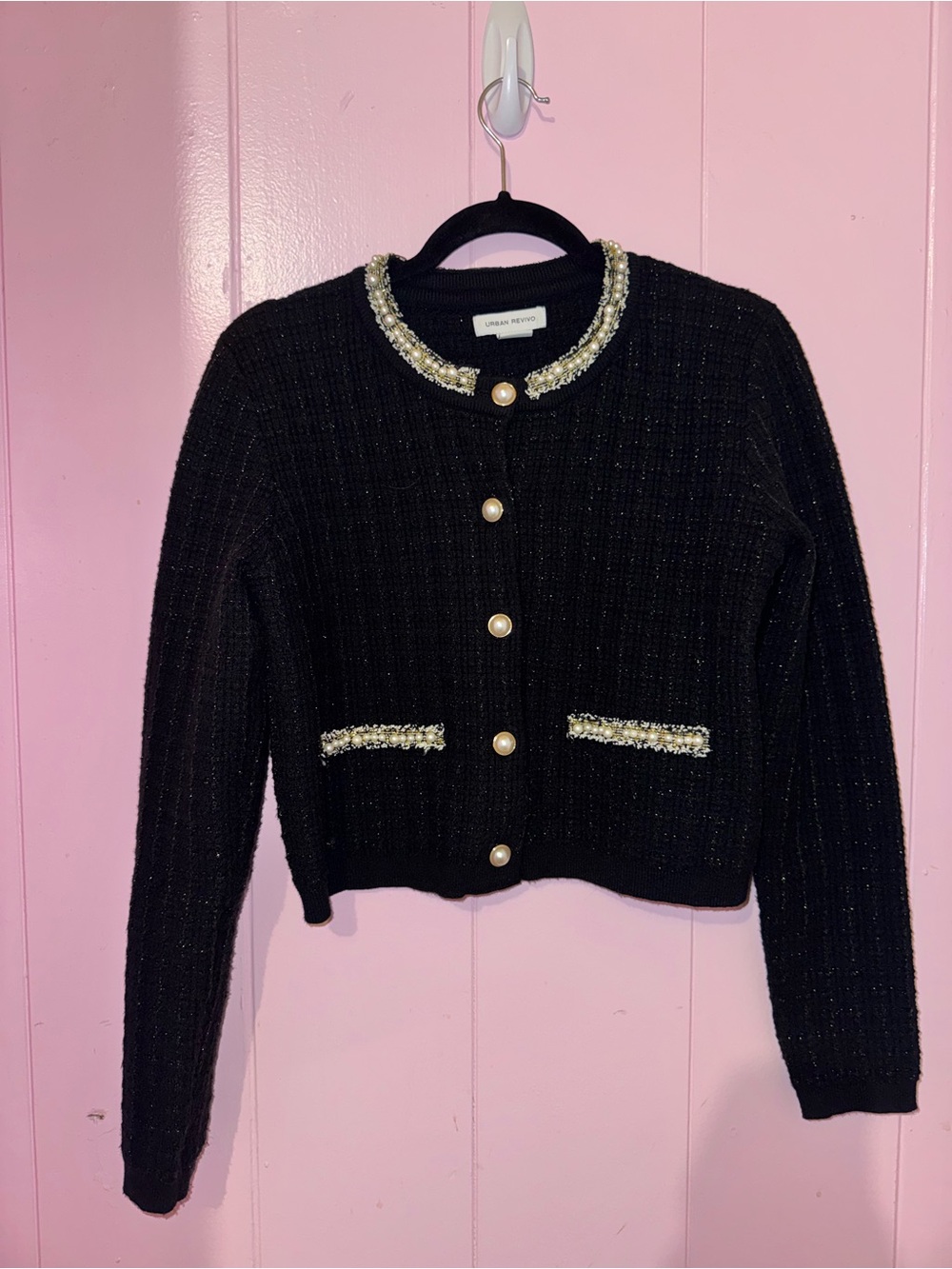 Urban Revivo Black Pearl-Button Tweed Cardigan